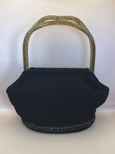 Vintage 1950s Handbag Crocheted Black Beaded Drum Shaped Lucite Sparkle Handles 