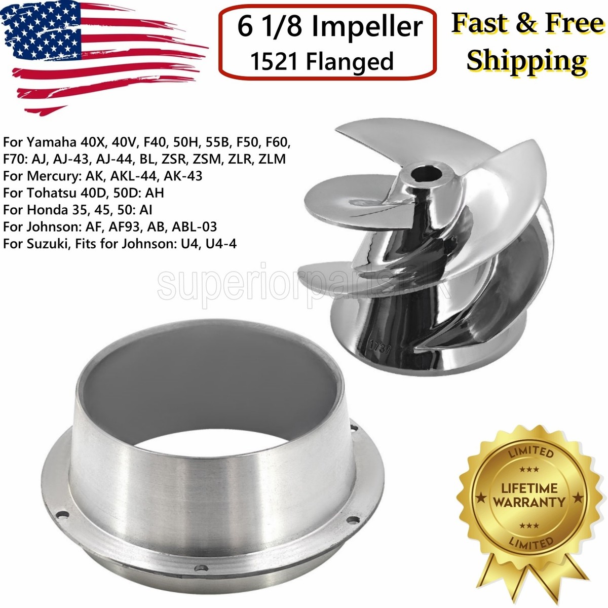 プーメリー 6 1/8 Outboard Jet Impeller Part No.1737+ Flanged Liner 1521 For