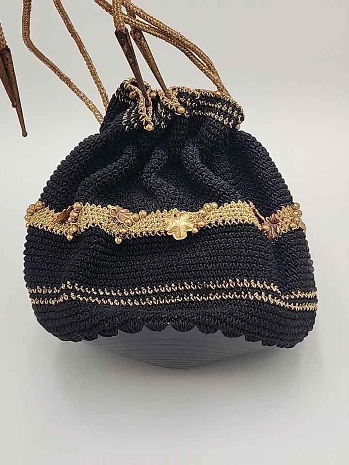 Vtg 40s50’s Black Beaded Crochet Corde Drawstring Purse Evening Bag MCM - Image 3 of 4