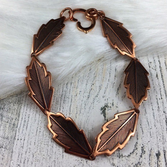 Vintage Solid Copper Leaf Bracelet with Stamped C… - image 1