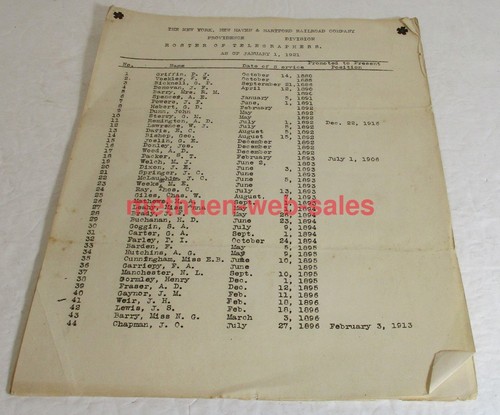 Roster of Telegraphers~New Haven RR~Providence Division~As of 1921~8 Pages