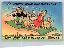 Family on Magic Carpet  Comic Humor    Postcard