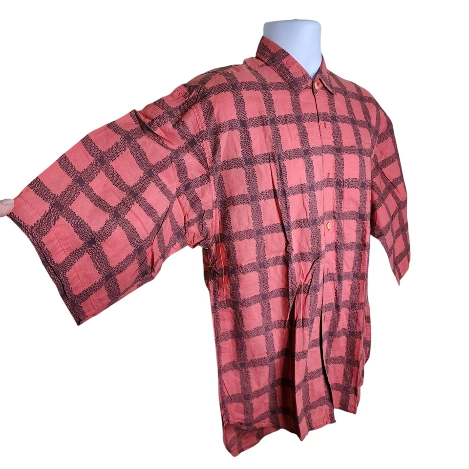 Vintage 80s Saturdays Button Up Plaid Check Men Shirt Size L Pink - Image 2 of 4