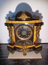 Antique FRENCH Black & Sienna Marble Table Clock: JAPY FRERSE 1890: NEW PRICE!
