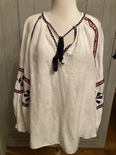 H&M White Peasant Boho Embroidered Top Blouse...
