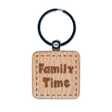 Family Time Fun Text Engraved Wood Square Keychain Tag Charm