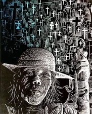 Vintage Panameña Litho Art Farmer Lady Ancestor Grave Cross Chicano Latina Woman