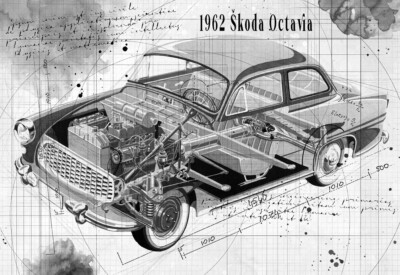 Line Tech Zeichnung 62 Škoda Octavia Cutaway Kunst Poster Druck