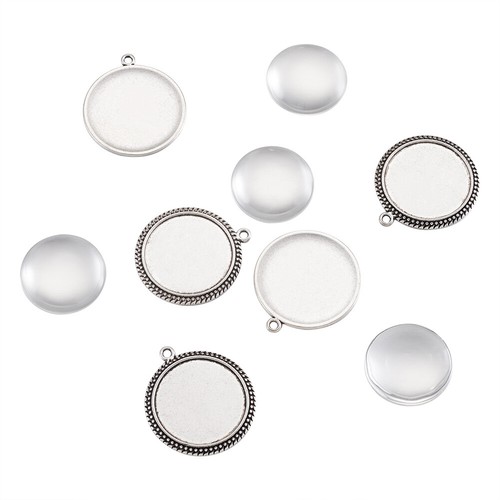 10Sets Antique Silver Alloy Pendant Trays 25mm Glass Cabochons Round Bezel Blank - Picture 3 of 6
