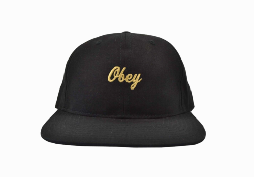 Obey Berlin Hat Black Gold Embroidered Script Logo Strapback Men's Hat - Picture 1 of 9
