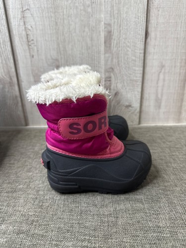 Sorel Youth Snow Boots Size 7 Pink & Black Faux Fur Waterproof Winter Footwear - Picture 2 of 9