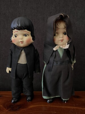 Antique Bisque Doll Amish Couple Black Clothes Painted Face Hair Shoes 8 