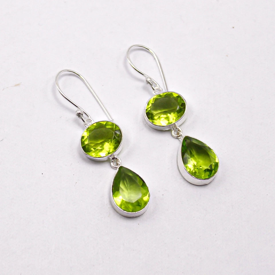Peridot Drop/Dangle Earrings Handcrafted Sterling Silver Dailywear Jewelry 1.88" - Image 2 of 4