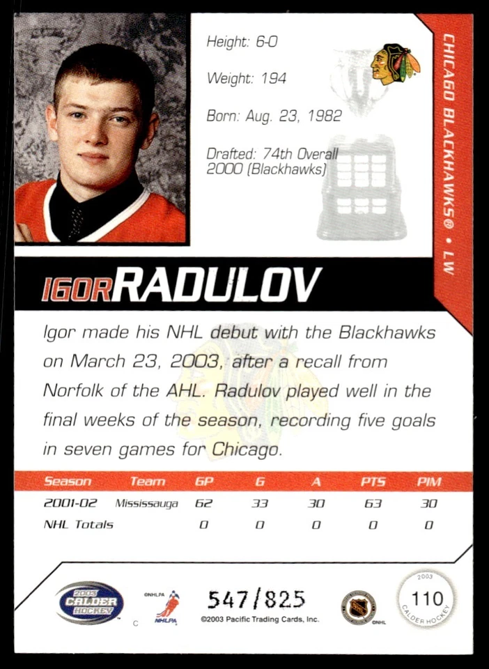 2002-03 Pacific Calder Igor Radulov RC Rookie 547/825 Chicago Blackhawks #110 - Image 2 of 2