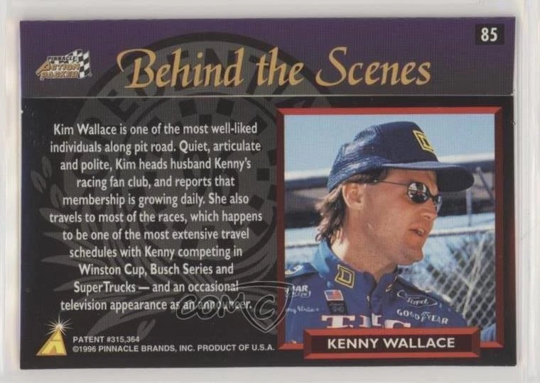 1996 Pinnacle Action Packed Behind the Scenes Kim Wallace Kenny Wallace #85 - Image 2 of 2
