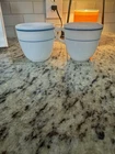 Vintage PYREX Cafeteria Diner #723 Milk Glass Teal Blue Stripe Band Mug (2)