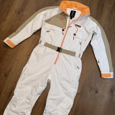Columbia Ski Suit Womens One Piece Snowsuit Snow Bib Jumpsuit White Retro Medium