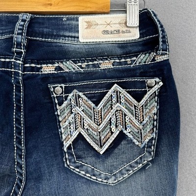 Grace in LA Easy Fit Embellished Pockets Dark Wash Jeans SZ 25 (27x29) Biker