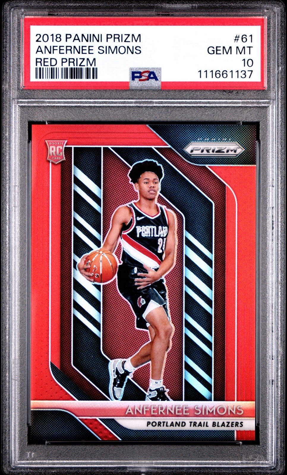 2018 Prizm Red Anfernee Simons # 61 Trail Blazers RC /299 PSA 10