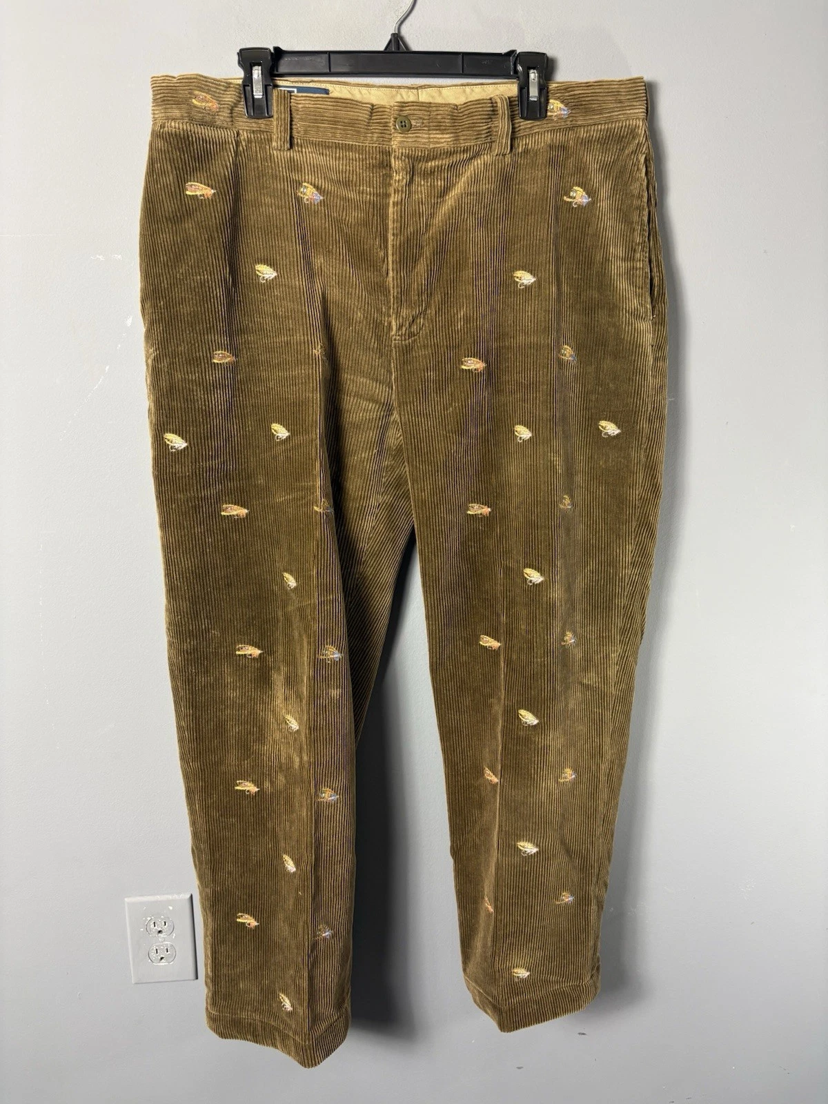 POLO Ralph Lauren Mens 38x28 Brown Embroidered Corduroy Pants Fly Fishing Lures