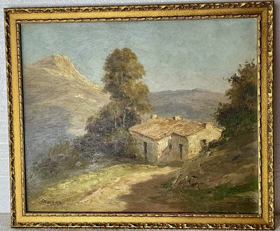 #ad Antique Framed Oil on Canvas Art Painting Landscape Rural Home Mountains 16x20quot; $331.49