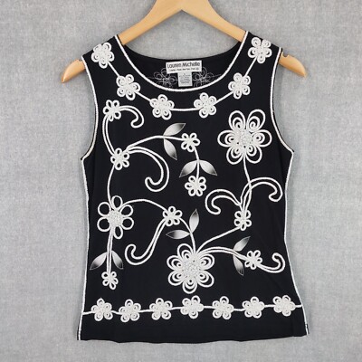 Lauren Michelle Top Womens Small Vintage Black Sleeveless Chic Applique Scoop