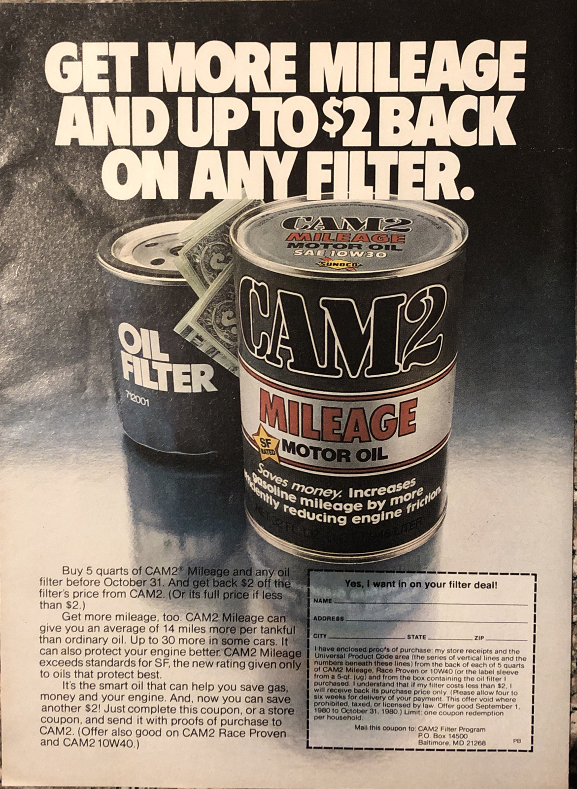 1980 CAM2 Mileage Motor Oil VTG 80s PRINT AD Get $2 Back On Any Oil Filter