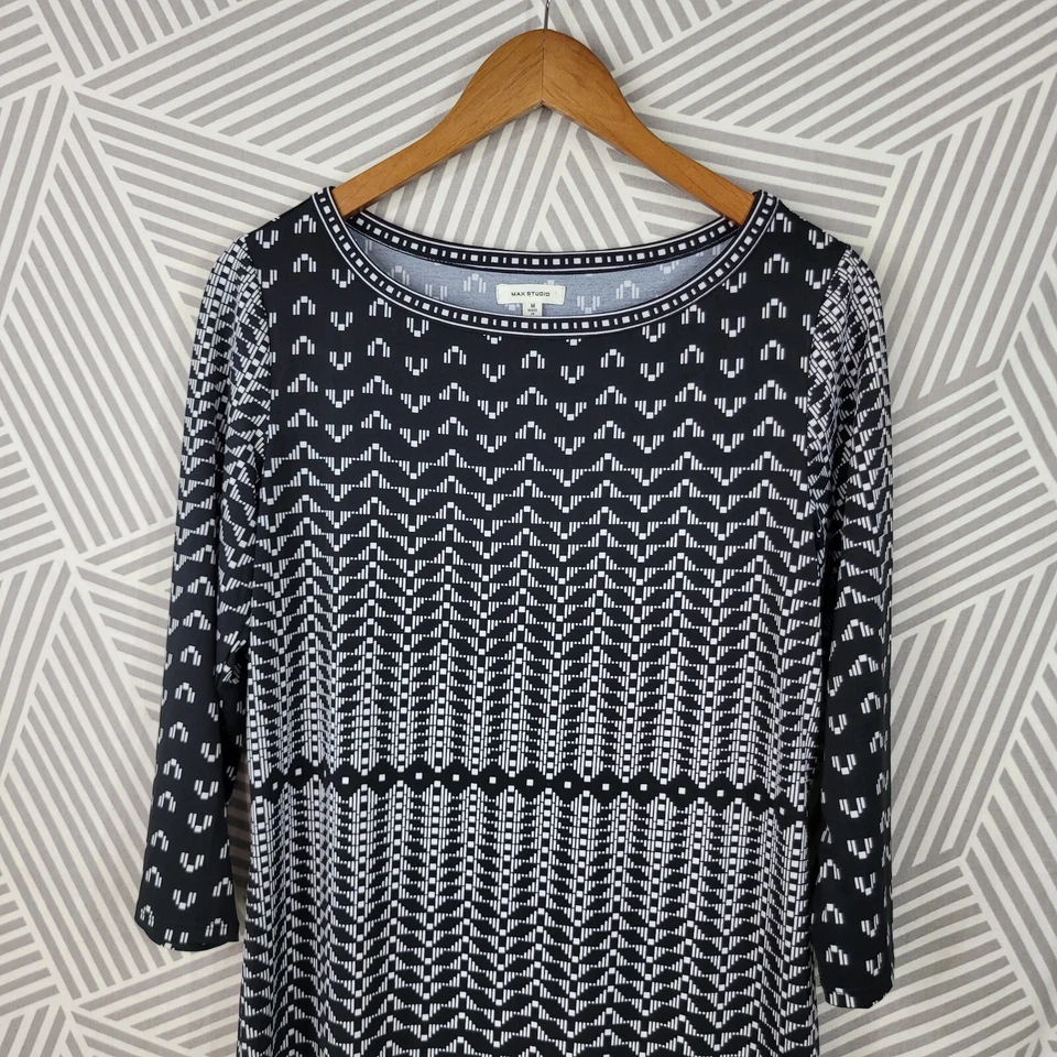 Max Studio Dress Stretch Career Sheath Size Medium Black White Geometric Summer - Image 3 of 4