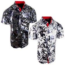 Mens Short Sleeve Shirt Tropical Floral Foil Shiny Prints Silky Stretch Button