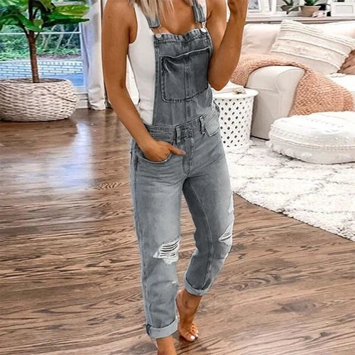 Damen Destroyed Latz Jeans Trägerhose Denim Latzhose Jumpsuit Jeanshose Overall - Bild 10 von 17