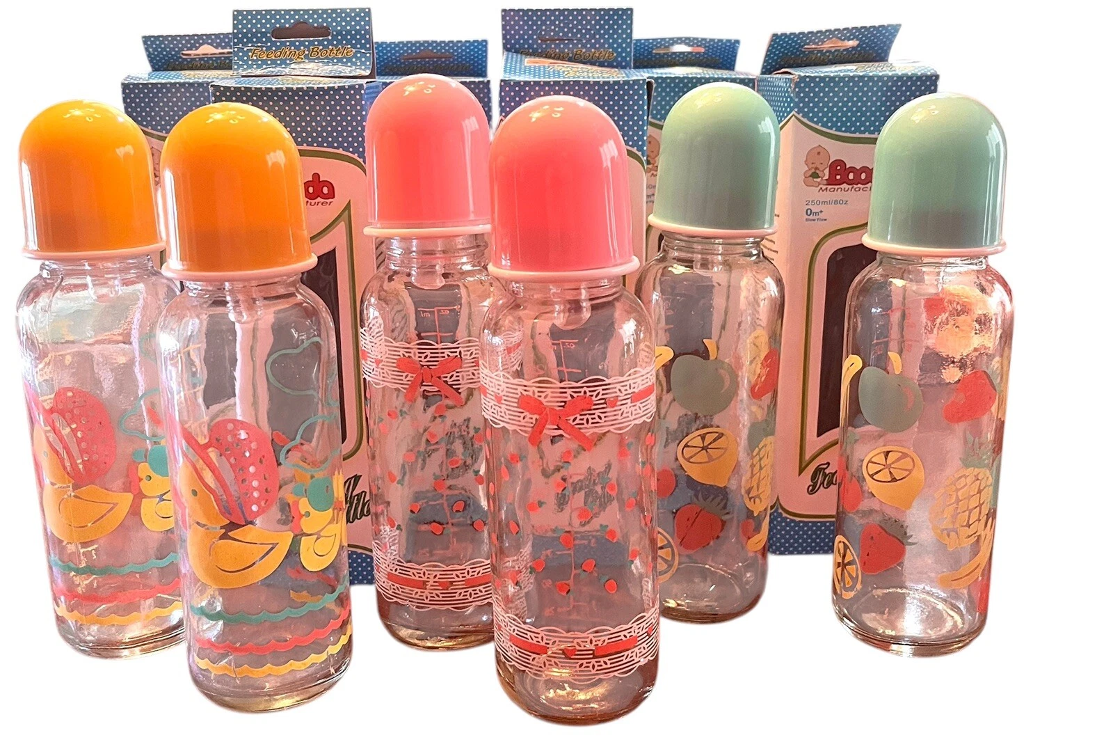 6 NEW 8 oz. GLASS Baby Feeding Bottles w/Silicone Nipples/Rings/Lids.
Opens in a new window or tab