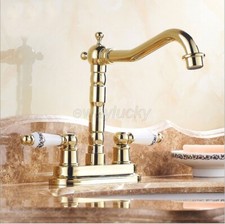 Luxury Gold Brass Dual Handles Swivel 4" Centerset Kitchen Sink Faucet Mixer Tap