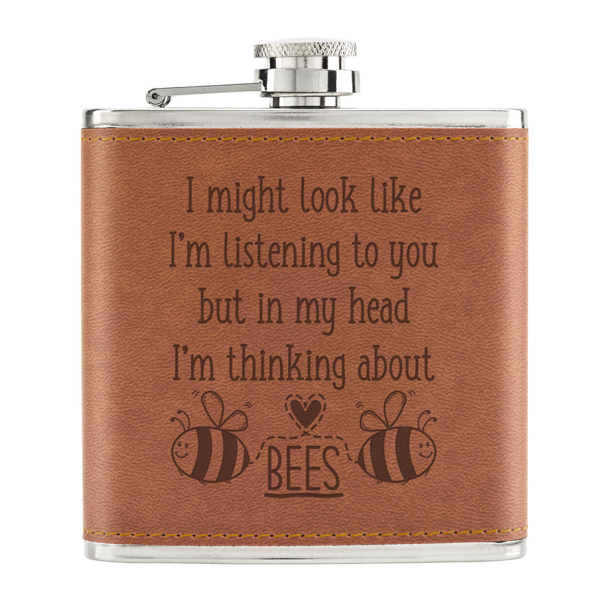 I Might Look Like I'm Listening Bees 6oz PU Leather Hip Flask Tan Honey Funny