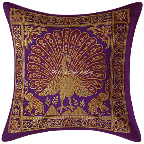 Indian Peacock Brocade Cushion Cover Handmade Sofa Pillow Case Cover Throw 12" - Picture 8 of 28