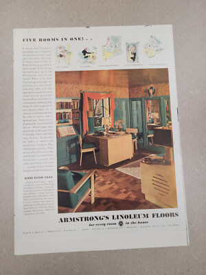 1937 VTG Orig Magazine Ad Armstrong Flooring Five Rooms In One Linoleum