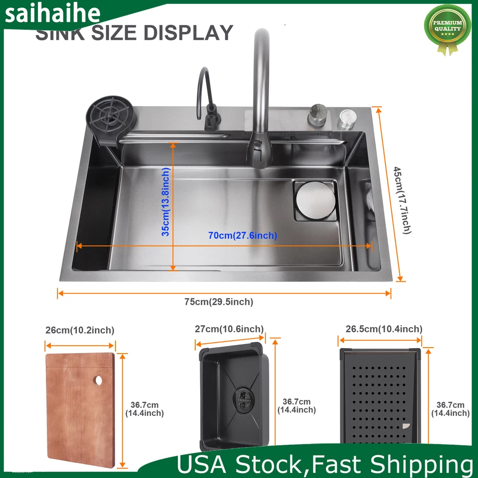 Fregadero de cocina cascada de acero inoxidable con lluvia voladora con grifo abatible para el hogar Foto 4 de 4