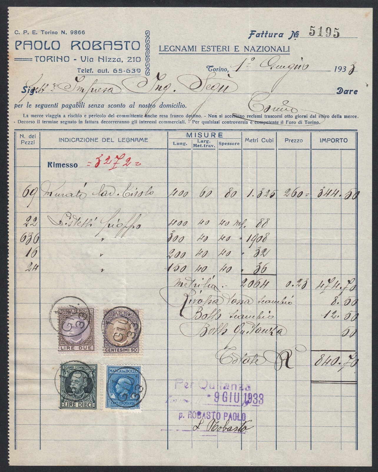 FT0798 Torino 1933 - Paolo Robasto - Timbers Complete Wing And IH - Invoice  Age | eBay