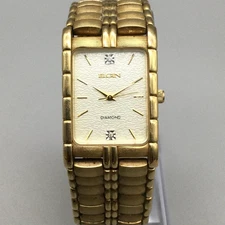Vintage Elgin Men 24mm Gold Tone Diamond Dial Rectangular Watch New Battery 7.5"
