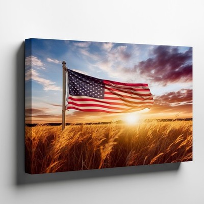 American flag waving over golden wheat field at sunset canvas wall art print