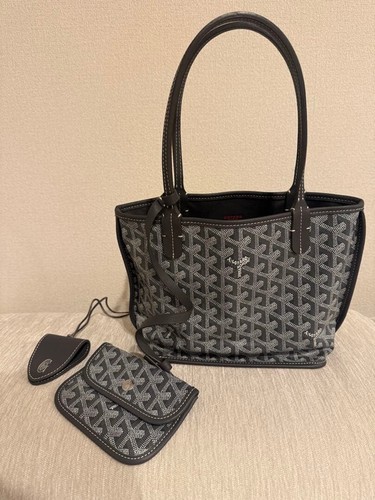 GOYARD Gray Herringbone Canvas Tote Bag Reversible Pouch Charm Women Auth