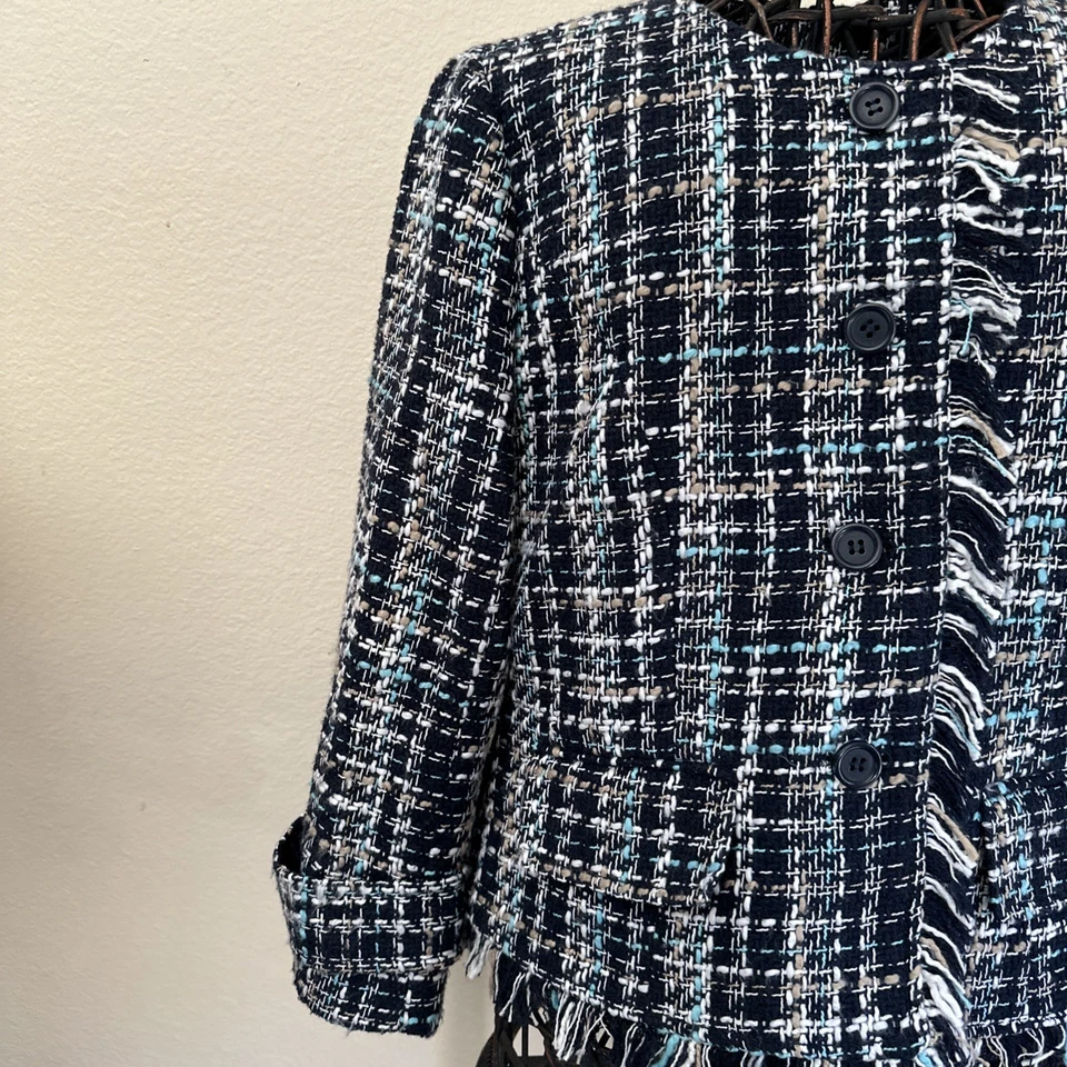 Chaqueta vaquera Ann Taylor pata de gallo flecos tweed talla 6 azul Foto 2 de 4