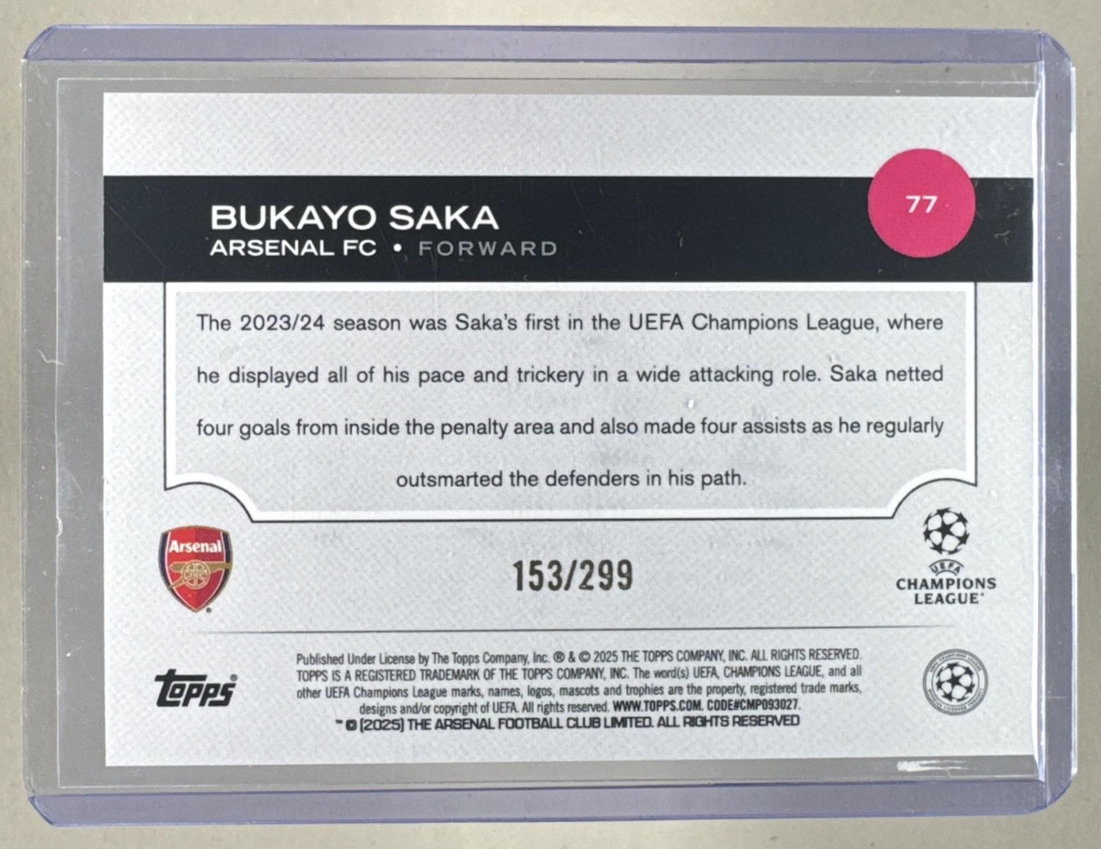 Bukayo Saka 2024 Topps UEFA #77 Purple Inferno /299 view 2