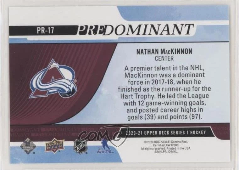 2020-21 Upper Deck Predominant Nathan MacKinnon #PR-17 - Image 2 of 2