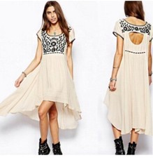 FREE PEOPLE Marina Embroidered High Low Dress Size XS Beige Back Cut Out