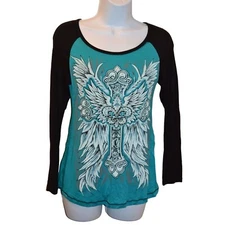 Womens Liberty Wear Black Teal Long Sleeve Graphic Tee Shirt Wings Cross NEW SM