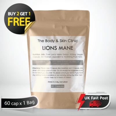 THE BODY AND SKIN CLINIC Lions Mane Mushroom Extract Capsules 10,000mg 240mg Polysaccharides Strong Vegan