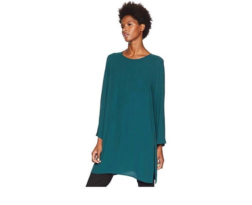 Eileen Fisher Pine Green Silk Georgette Crepe Tunic Top w/ Side Slits$328 XS