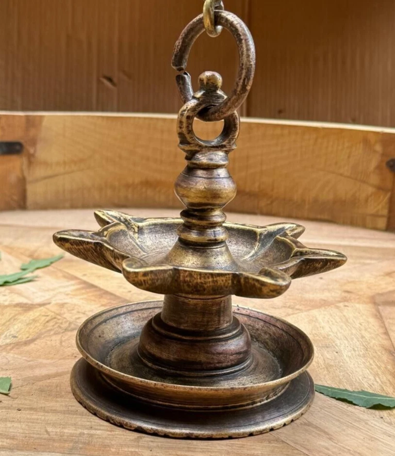 Antique Brass Hanging Diya Oil Light Lamp with Chain Original Old Fine Engraved - Image 2 of 4