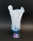Fenton Signed Satin 8 1/4" Blue Handkerchief Lilly of the Valley  Glass Vase