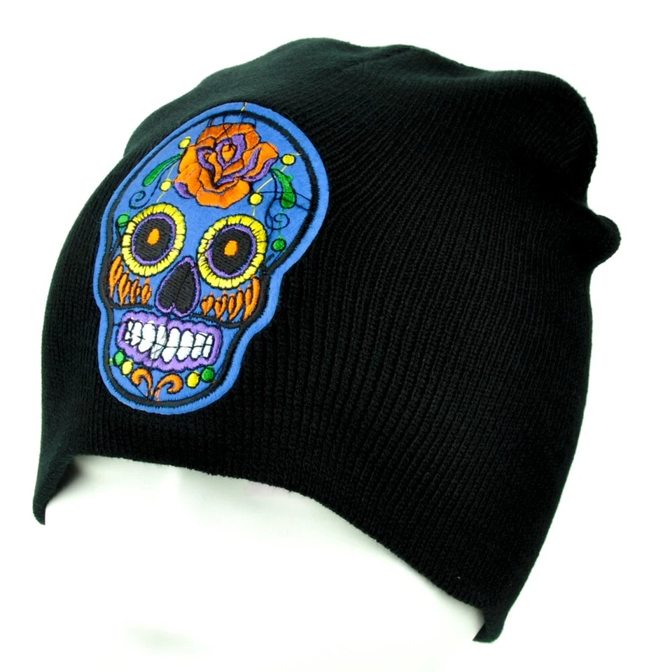 Gorro de punto calavera de azúcar negro y azul Día de los Muertos Día de los Muertos Foto 3 de 4